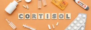 The word "cortisol" is surrounded by various drugs and medical supplies on a beige background.